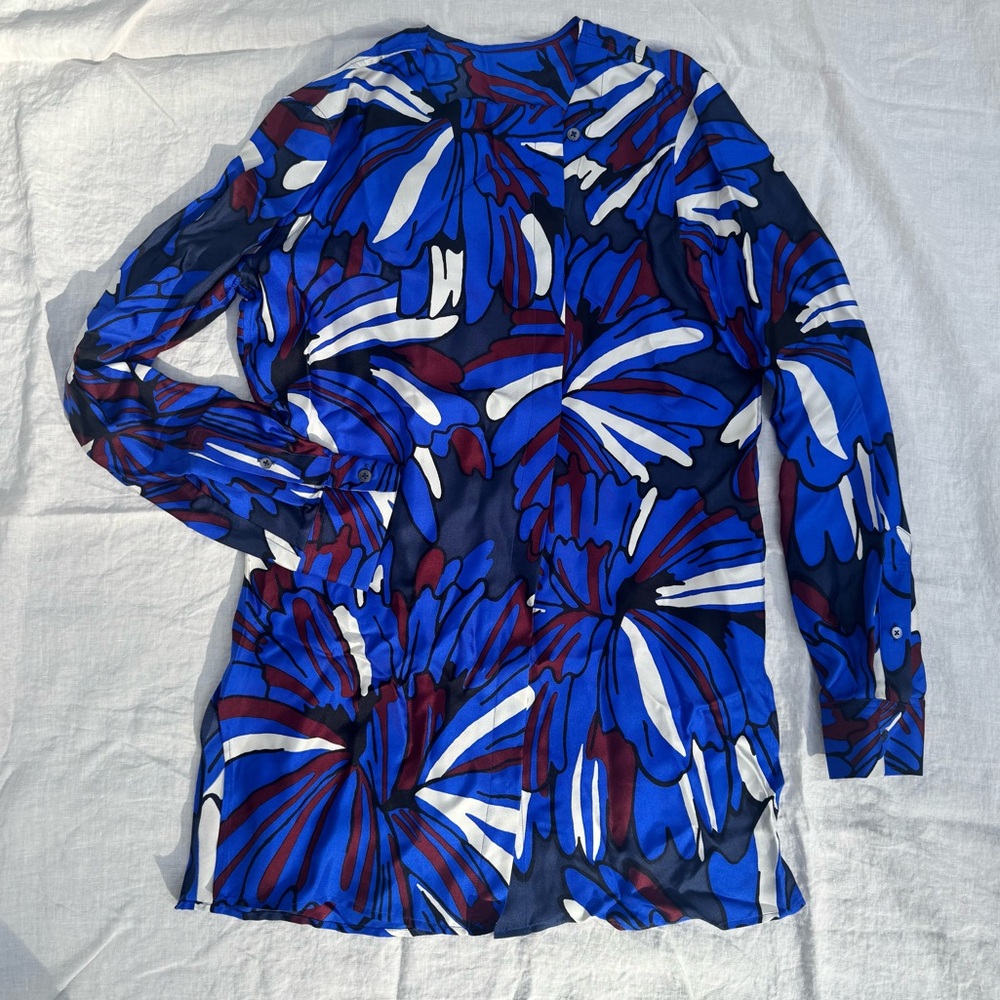 2010s Theory Printed Satin Tunic Top Buttondown Small blouse Floral Blue Womens